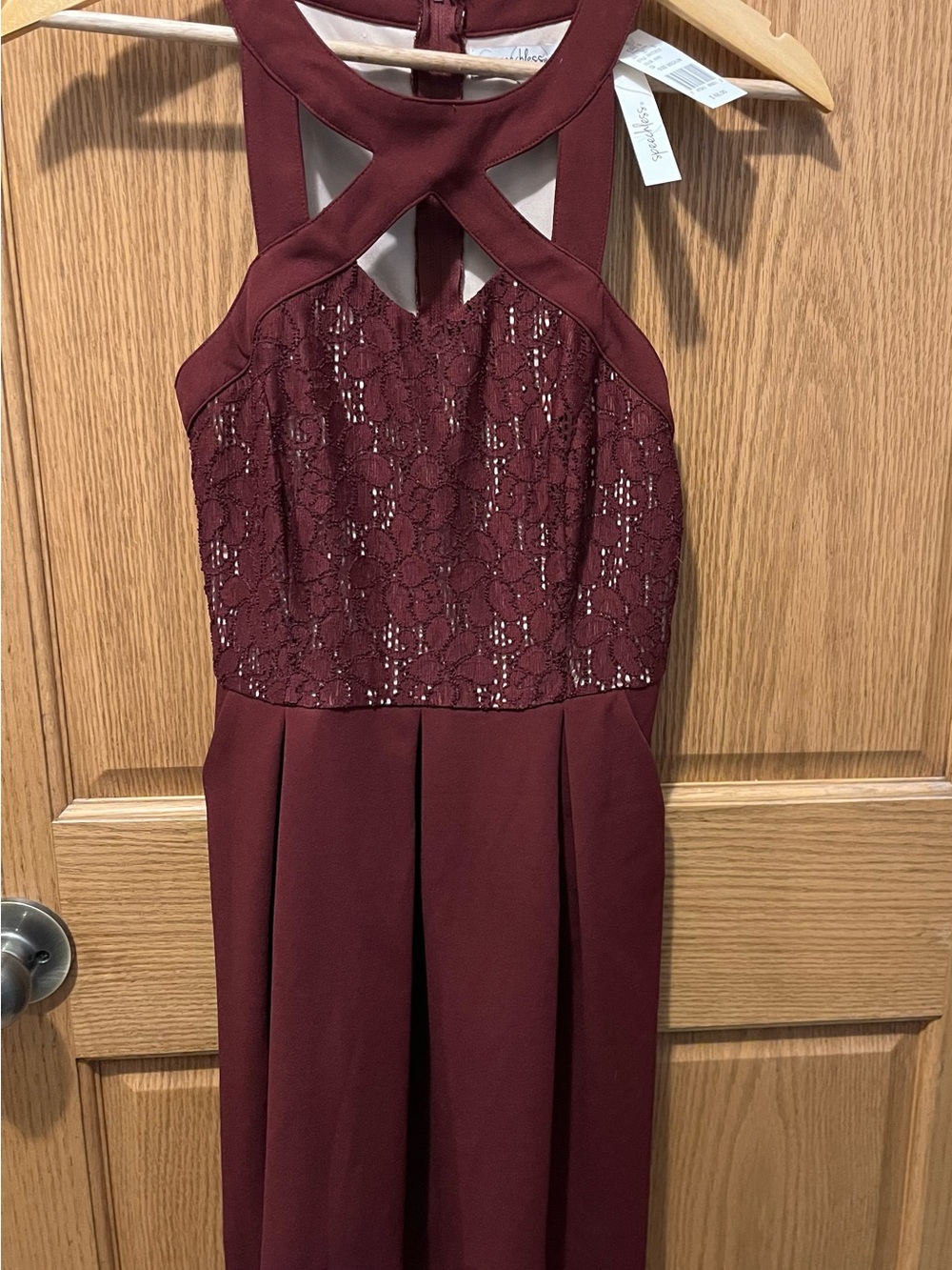 Speechless Burgundy Lace Halter Prom Dress
